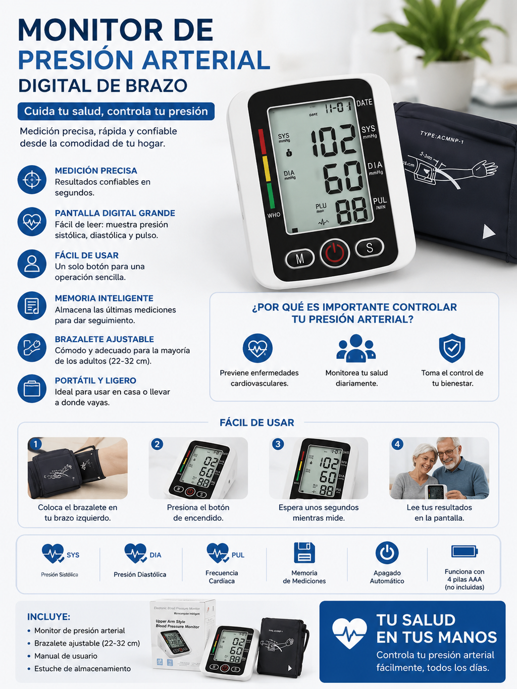 Monitor de Presión Arterial Digital X-180 | Tensiómetro Automático con Voz en Español y Memoria Inteligente ❤️📈🩺